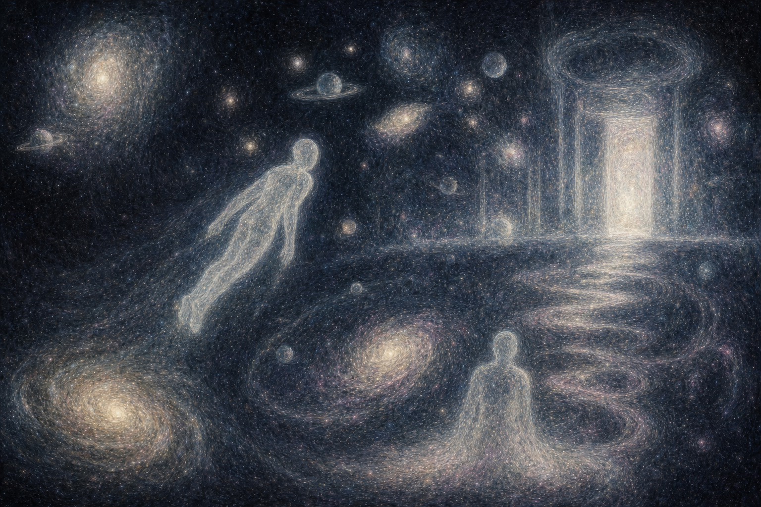 Ethereal cosmic scene with translucent figures, spiraling galaxies, and a glowing doorway on a cosmic stairway.