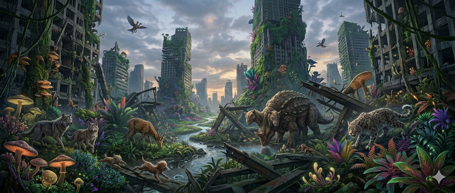 Dense jungle reclaiming a ruined city with dinosaurs roaming among abandoned skyscrapers.