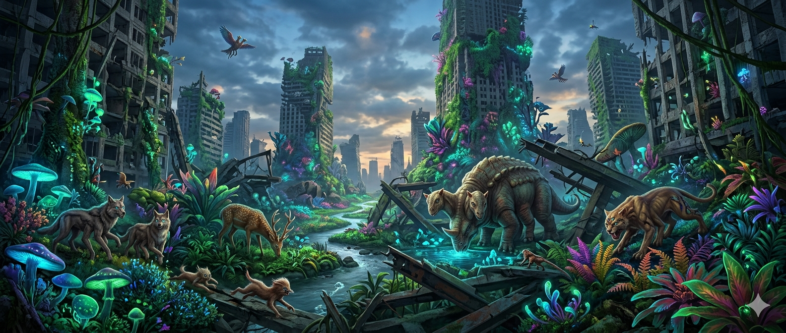 Overgrown city ruins transformed into a lush jungle with dinosaurs roaming among neon flowers.