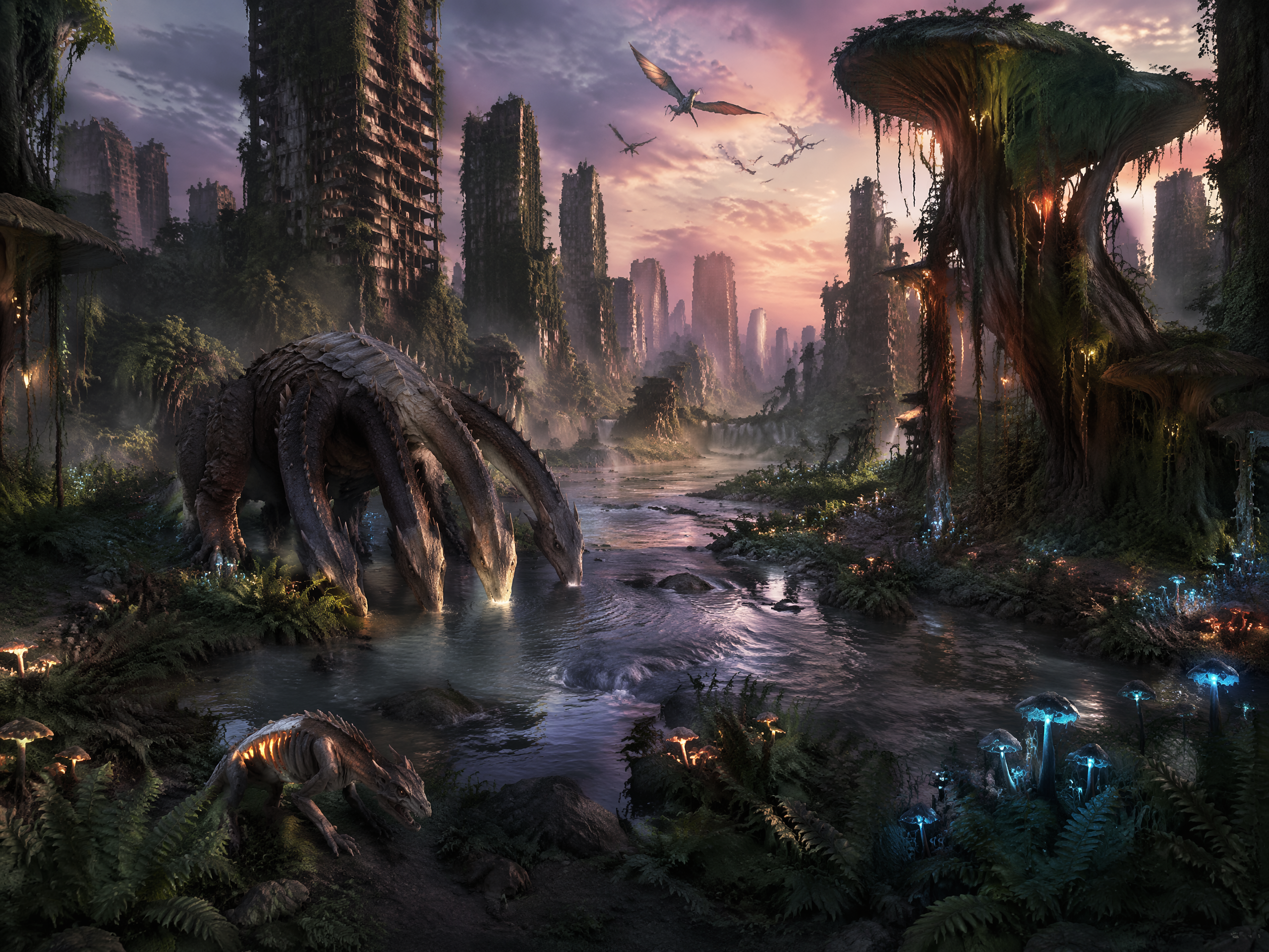 Overgrown jungle city with towering ruined skyscrapers, bioluminescent fungi, and giant creatures.