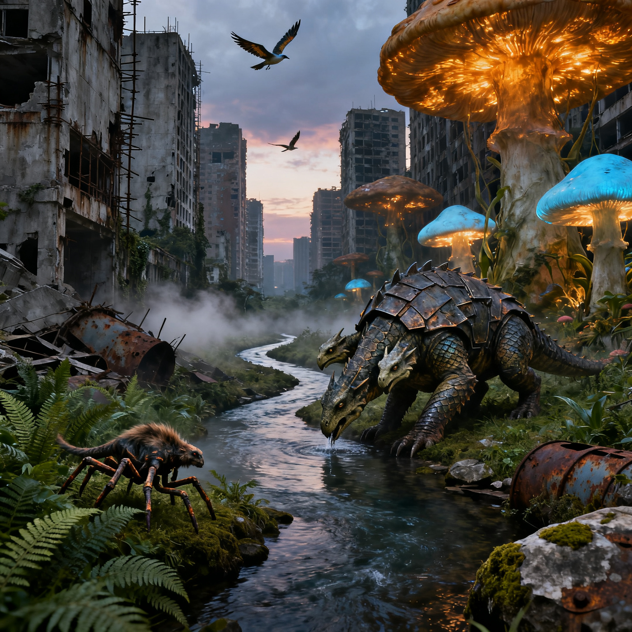 Post-apocalyptic cityscape with a towering armored dinosaur, giant bioluminescent mushrooms, and a murky river.