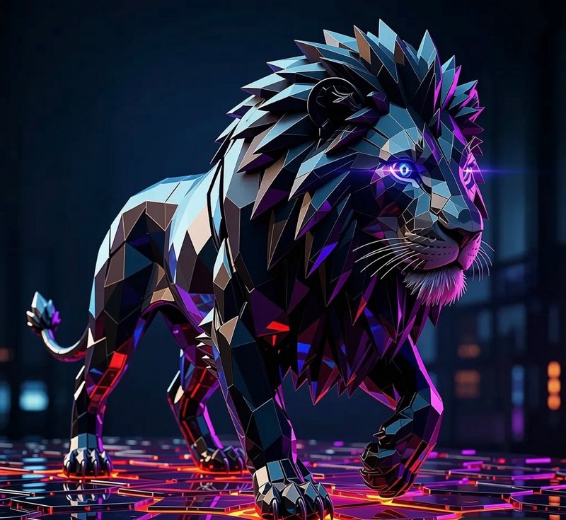 Low-poly neon tiger with purple-blue facets in a futuristic, neon-lit scene.