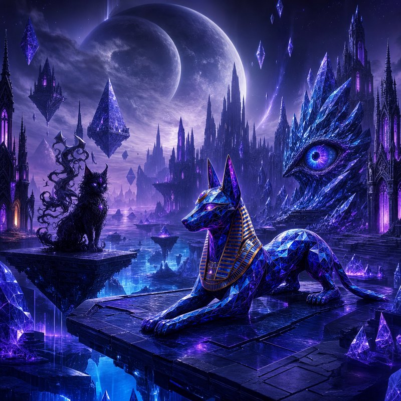 Blue crystal jackal statue with a gold collar atop a glowing purple crystal city.