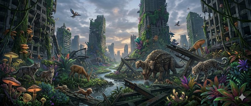 Dense jungle reclaiming a ruined city with dinosaurs roaming among abandoned skyscrapers.