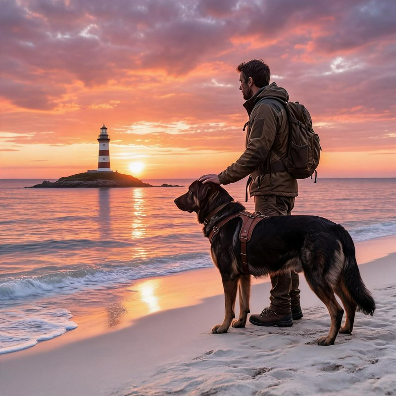 Man with a backpack and a dog on a sandy beach at sunset, lighthouse in the distance.