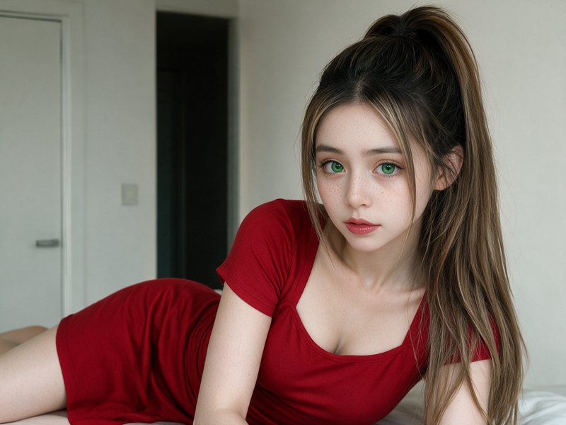 Young woman with bright green eyes, highlighted high ponytail, and red dress reclining on a bed looking at the viewer.