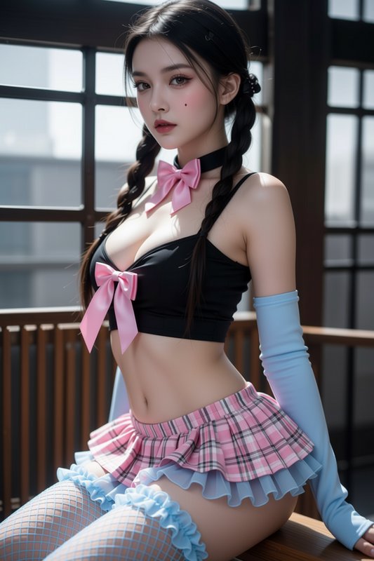 Young woman with dark braided pigtails in a pastel kawaii schoolgirl outfit sits on a sunlit wood...