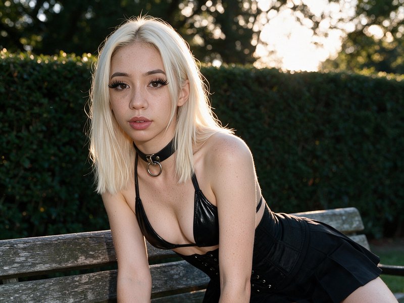 Young platinum blonde woman wearing an o-ring choker and black goth outfit posing on a park bench...