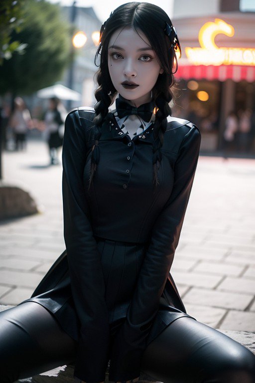 [Wednesday Addams cosplayer with twin black braids sits on a sunlit pedestrian street in a sleek all-black gothic outfit]