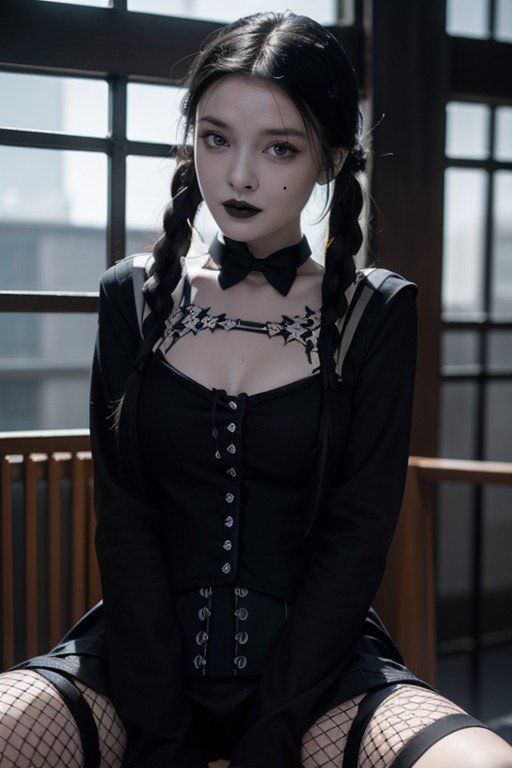 Portrait of young goth woman with black braided pigtails in dark corset outfit, seated by paned w...