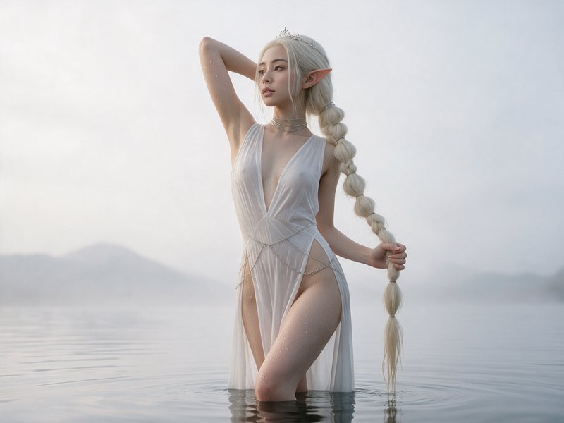 Ethereal platinum-haired elf woman in a sheer white gown stands knee-deep in a misty calm mountai...