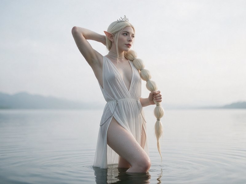 Ethereal elven woman with pointed ears, silver crown, and sheer white dress stands in calm misty ...
