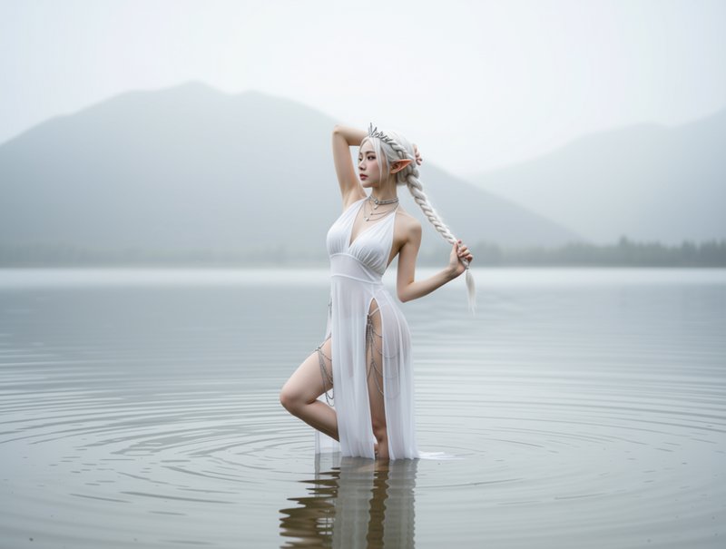 Elf cosplayer with pointed ears and long white braid stands in calm misty mountain lake in a shee...