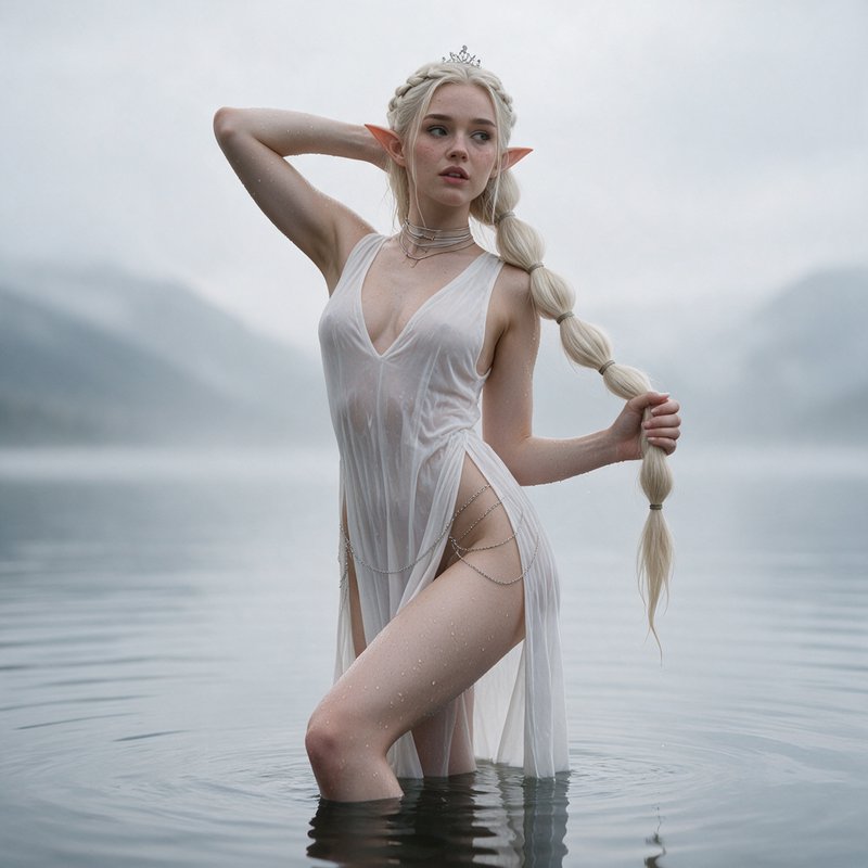Ethereal platinum-haired elf princess in a sheer white dress standing waist-deep in a misty calm ...