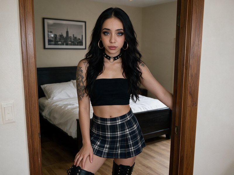 Tattooed young woman in alt fashion stands in a wooden bedroom doorway, wearing a plaid mini skir...