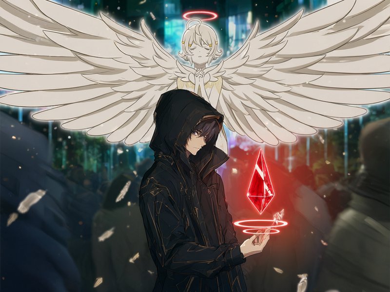 Hooded anime character holds a glowing red crystal as a winged haloed angel stands behind him