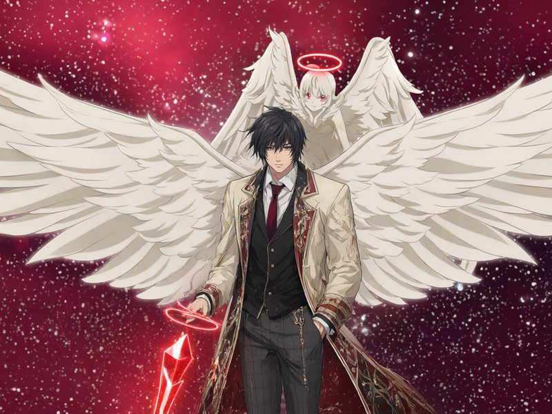 Dark-haired winged anime man holds a glowing red crystal sword with a haloed angel companion behi...