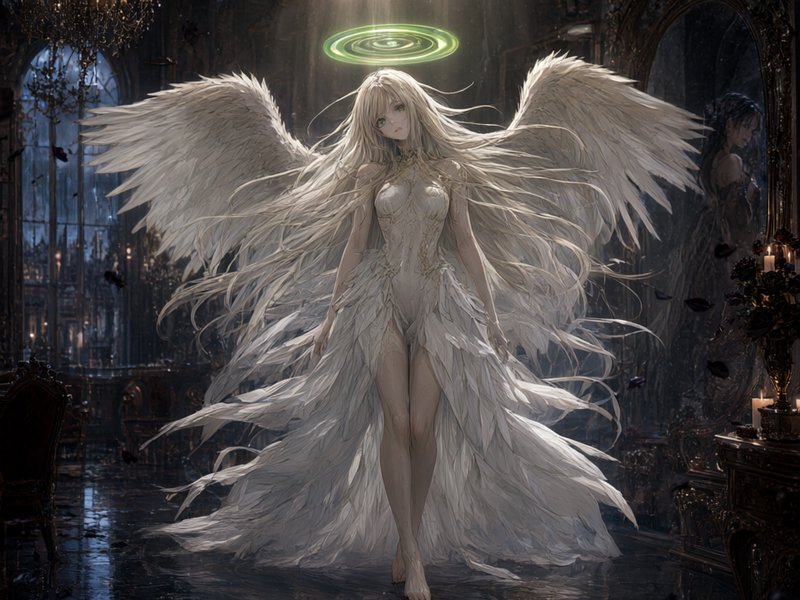 Ethereal anime angel with white feathered wings and glowing green halo stands in a dark gothic ballroom