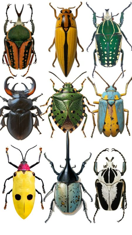 3x3 grid of vivid, uniquely patterned exotic beetle specimens arranged on a plain white background