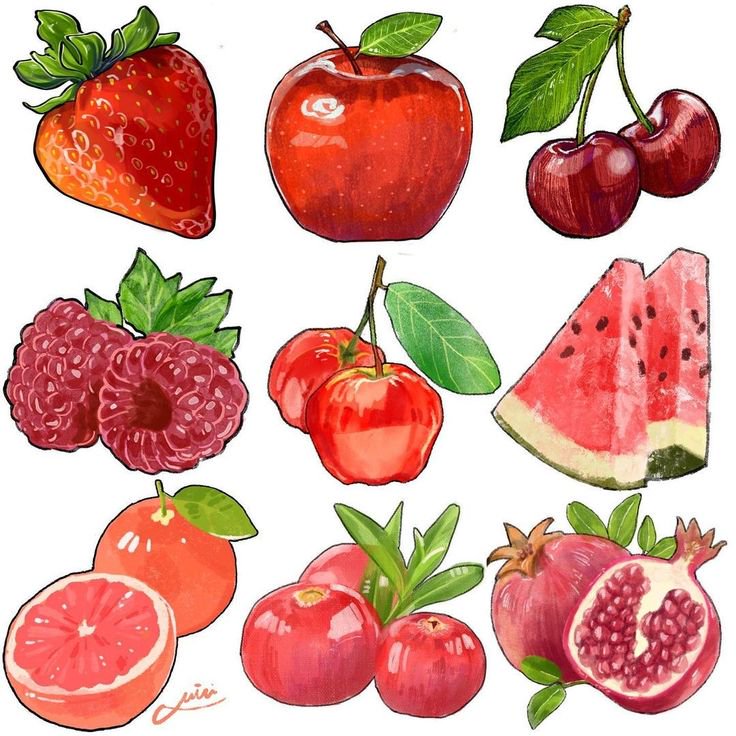 Watercolor grid illustration of assorted ripe red fruits including strawberries, apples, cherries...