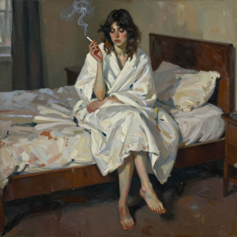 Woman in a white robe sits on a bed, smoking a cigarette in a moody bedroom scene.