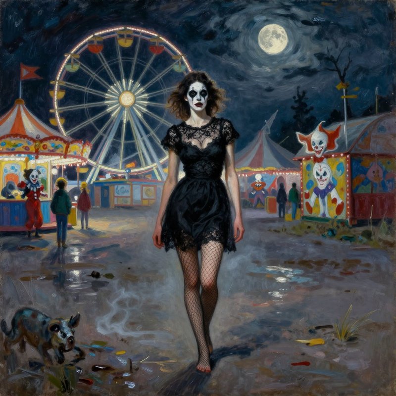 Gothic woman in black lace dress and fishnet stockings at a moonlit carnival with a Ferris wheel ...