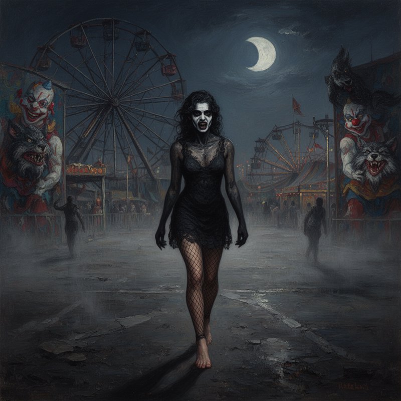 Gothic woman in a black lace dress walks through a foggy carnival at night beneath a crescent moon.