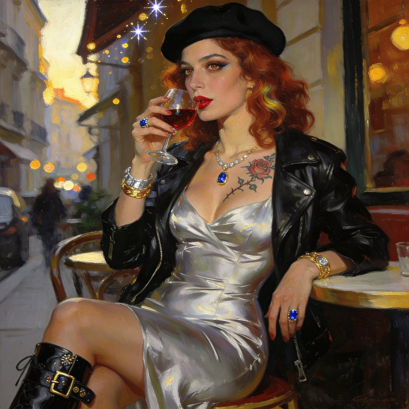 Stylish red-haired woman in a metallic silver dress with a black leather jacket, sipping wine at ...