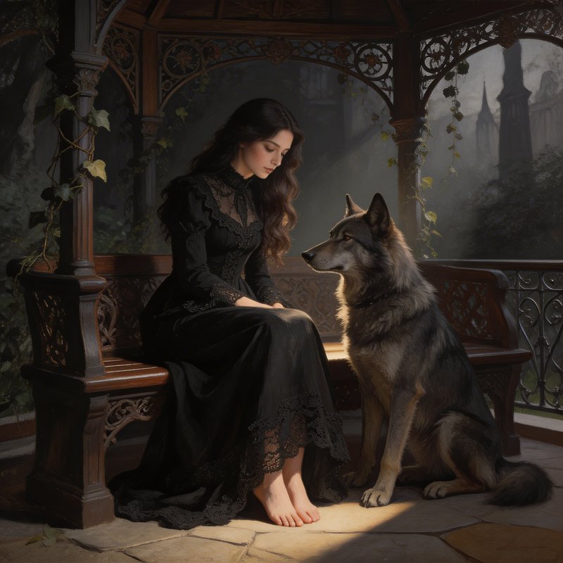 Woman in black lace dress sits on an ornate wooden bench with a wolf on a wrought-iron gazebo ter...