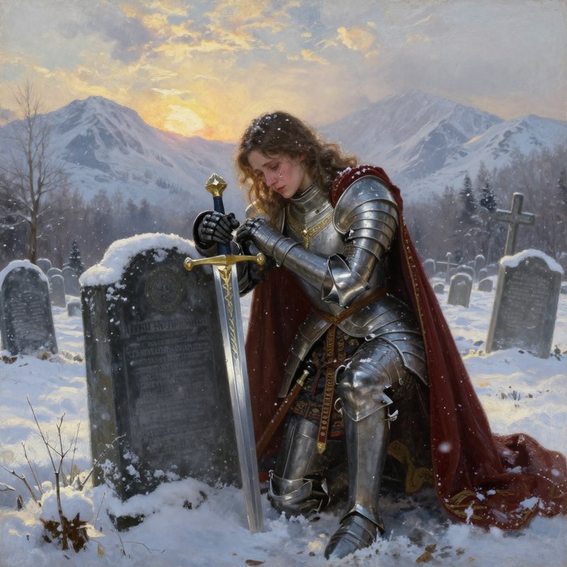 Knight in shining armor kneels beside a gravestone in a snowy graveyard.
