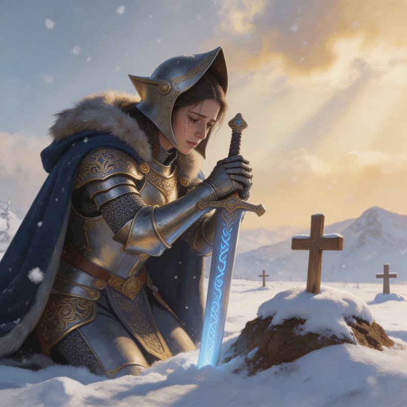 A female knight in ornate silver armor kneels in a snowy graveyard, gripping a glowing blue runed...