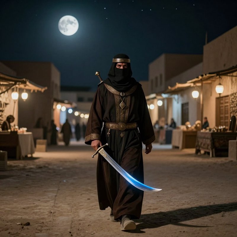 Night-market warrior in dark robes with a glowing curved sword under the full moon.