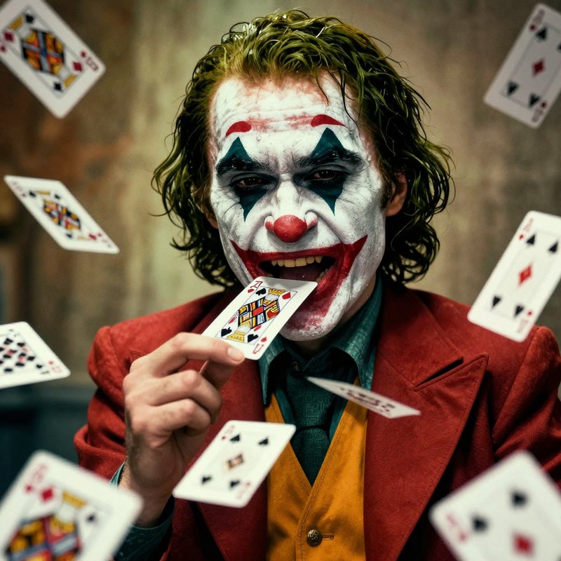 Joker-like clown in red suit with white face paint and green hair, tossing playing cards.