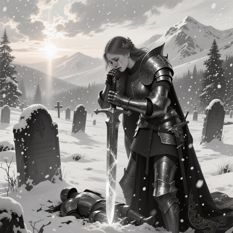 Female armored knight mourning in a snowy graveyard with sword planted in the snow beside a falle...