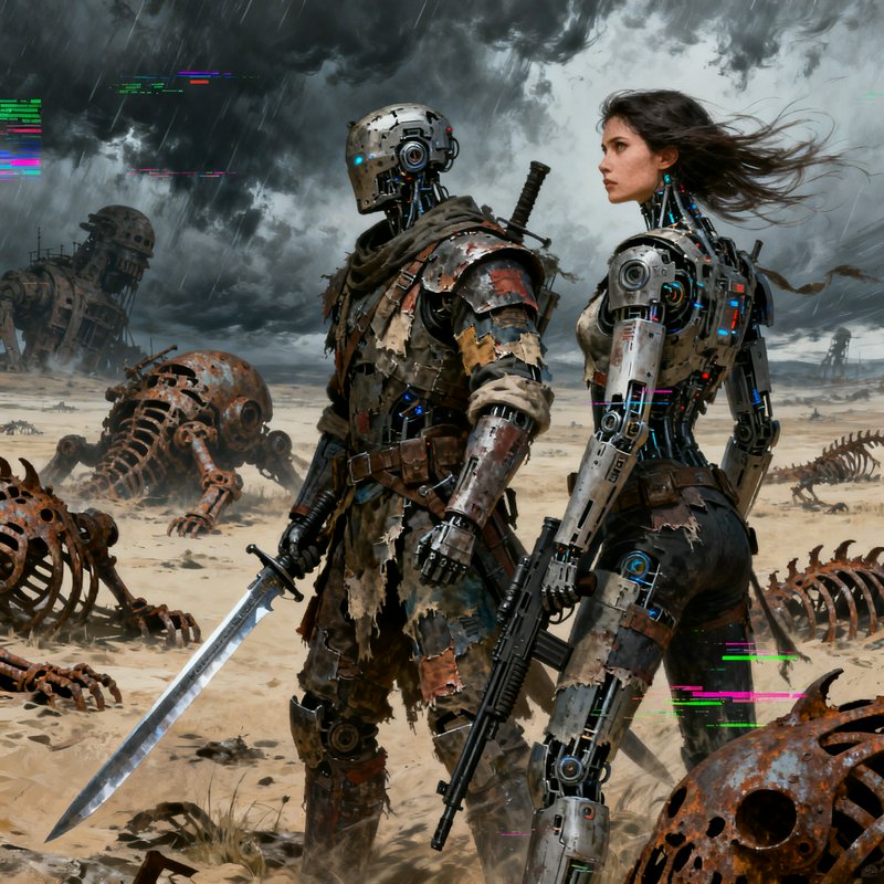 Two armored cyborg fighters in a desolate desert with rusted skeletons and a stormy sky