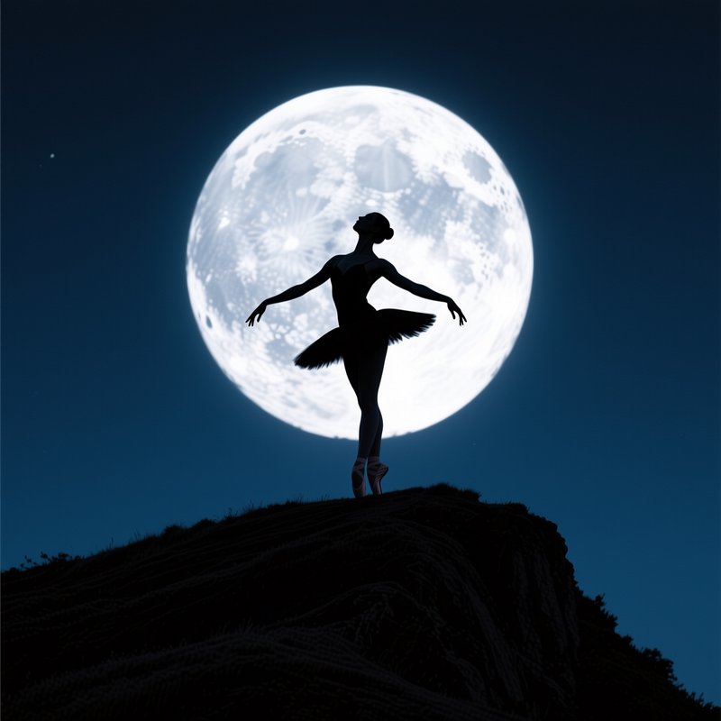 Silhouette of a ballerina in a tutu dancing on a hill at night with a large full moon behind