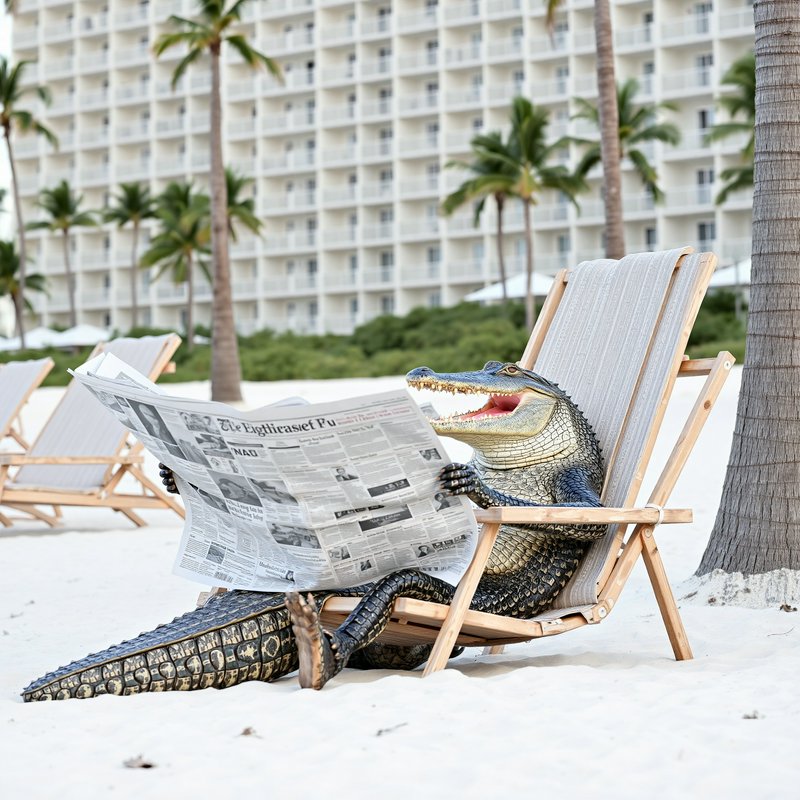 Crocodile lounging on a beach chair reading a newspaper at a sunny tropical resort.