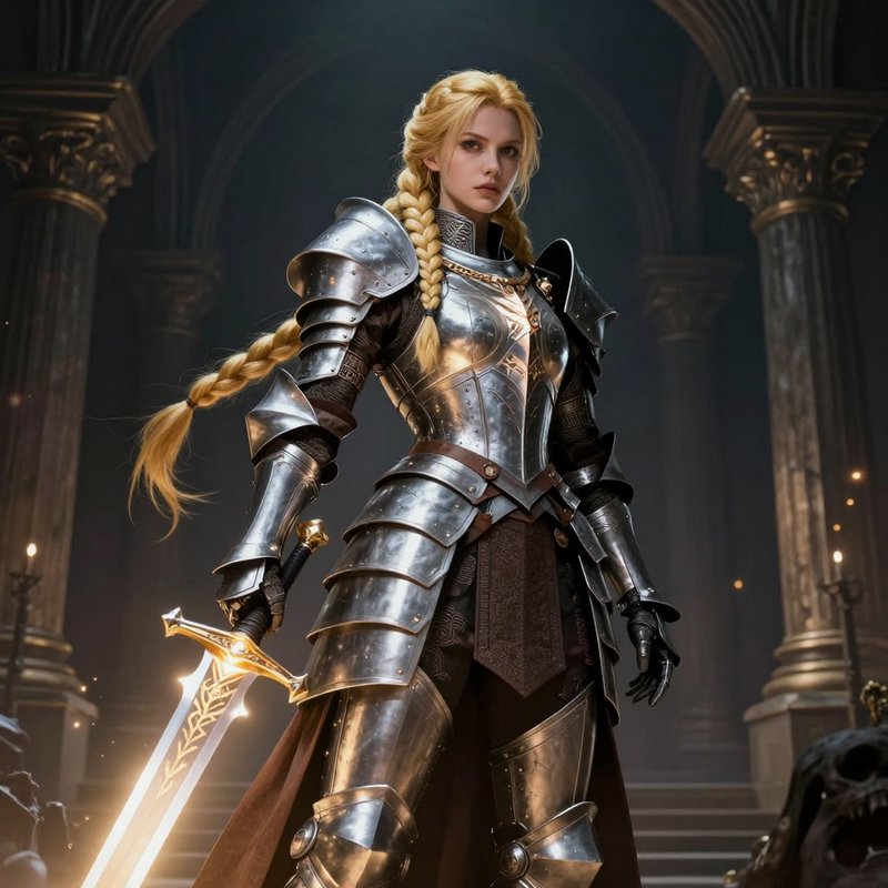 Female knight in gleaming full plate armor with braided blonde hair and glowing sword in a gothic...