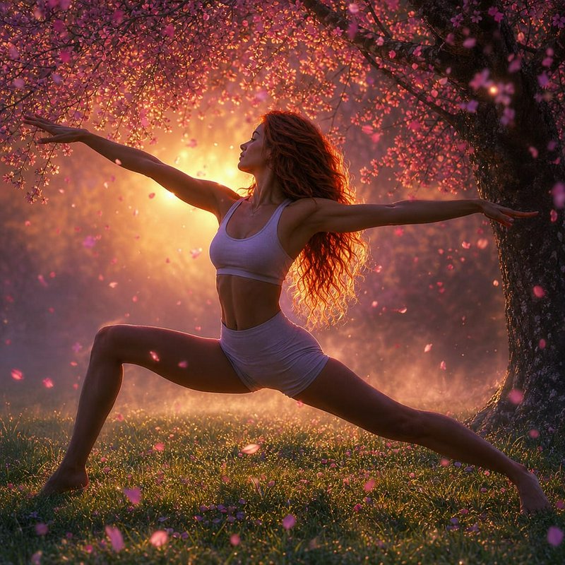 Woman practicing yoga in a sunrise-lit meadow beneath blooming pink trees