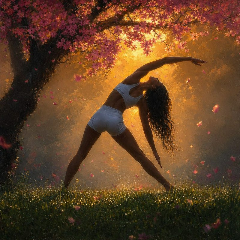 Woman performing a backbend yoga pose under sunlit pink blossom trees in a meadow.