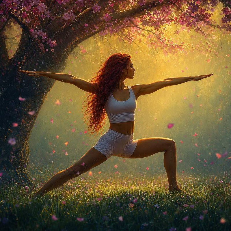Woman practicing yoga in a flower-filled park during golden hour with arms extended in warrior pose.