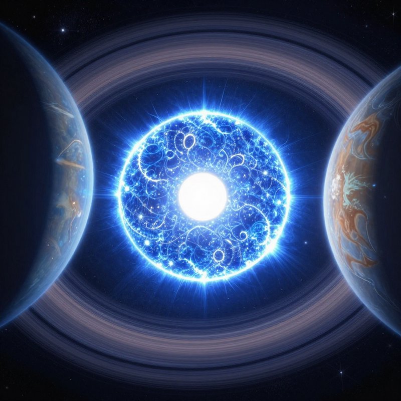 Bright blue glowing star with swirling filaments between two ringed planets in deep space