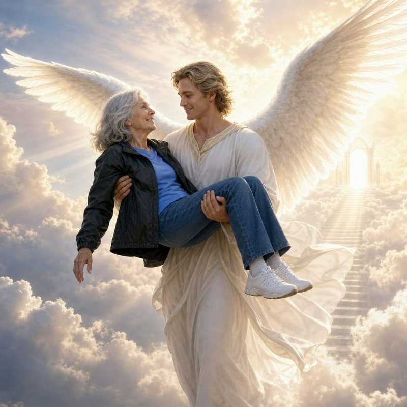 A glowing angel in white lifts an elderly woman through the cloudy sky.