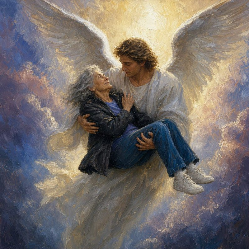 Angel with radiant wings cradles an elderly woman in a heavenly, luminous cloudscape.