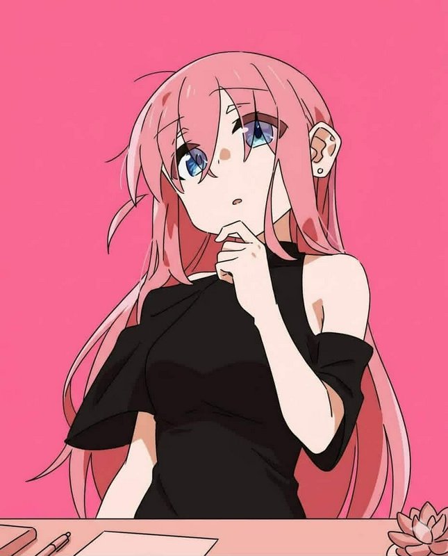 Anime-style pink-haired girl in a black off-shoulder top against a pink background.