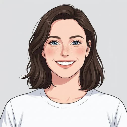 Cartoon avatar of a smiling young woman with wavy dark brown bob, blue eyes, freckles, and plain ...