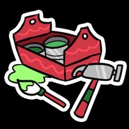 Cartoon red open toolbox with a hammer, screwdriver, and a green sprout emerging.