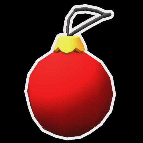 Red Christmas ornament ball with a white outline and hanging string on a black background