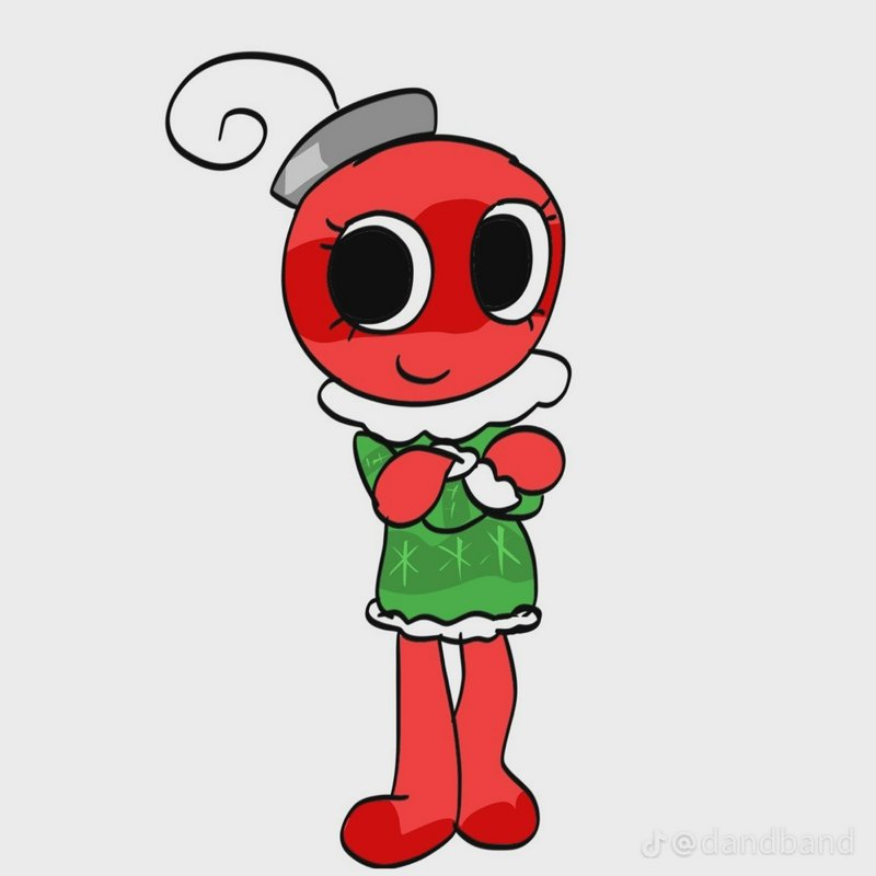 Cute red cartoon character with large eyes in a green dress and white frill.