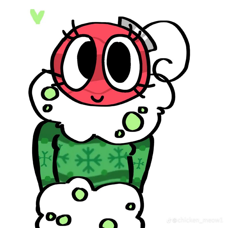 Cute cartoon snowman with red head, white fluffy scarf, and green snowflake sweater.
